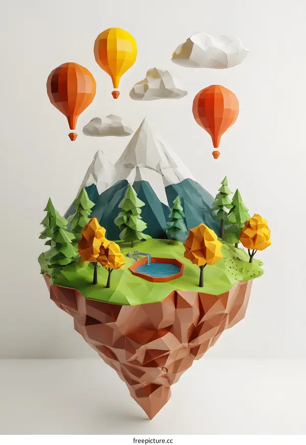 Low Poly 3D Mountain Landscape with Hot Air Balloons Illustration