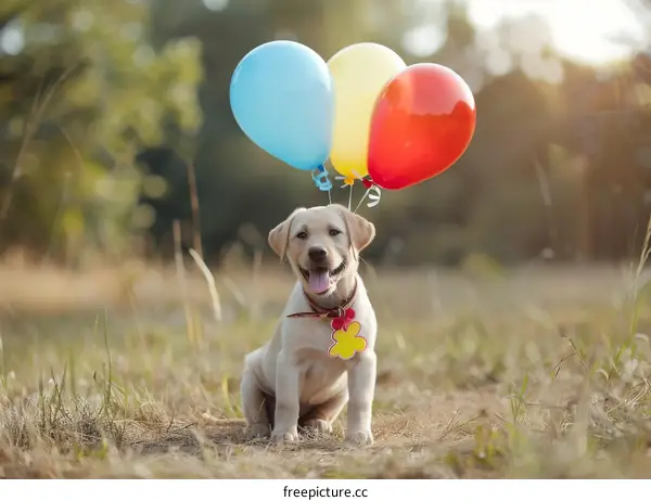 Playful Labrador Puppy with Colorful Balloons