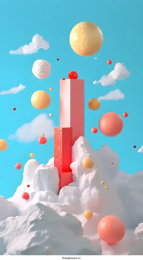 Abstract 3D Rendering of Pink and Yellow Spheres on White Clouds