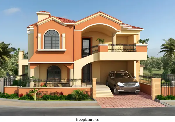 Modern Luxury Home Exterior Design with Orange and Beige Color Scheme