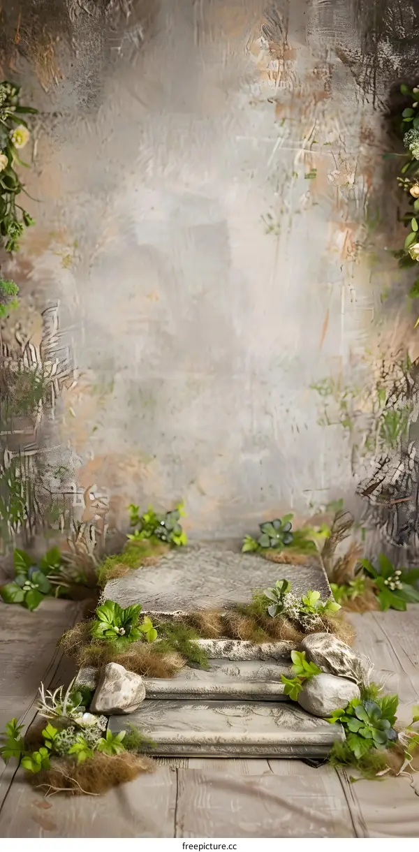 Stone Steps with Green Plants and Flowers on a Rustic Background