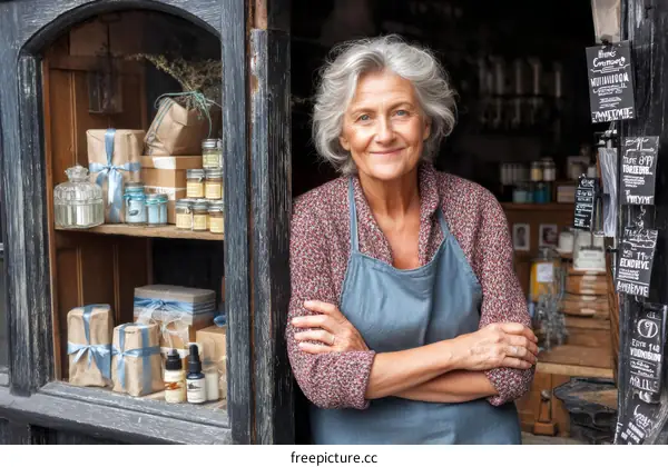 Smiling Senior Woman Proprietor at Small Business Shop Front