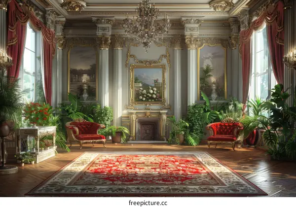 Luxurious Living Room with Red Carpet and Lush Greenery