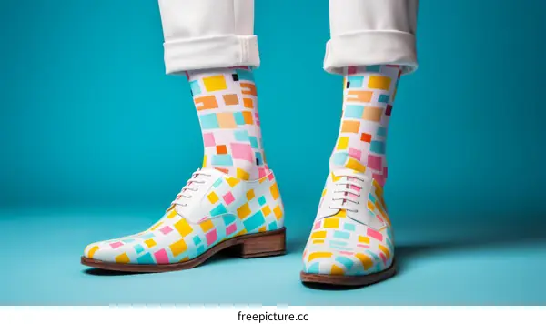 A person wearing colorful shoes and socks