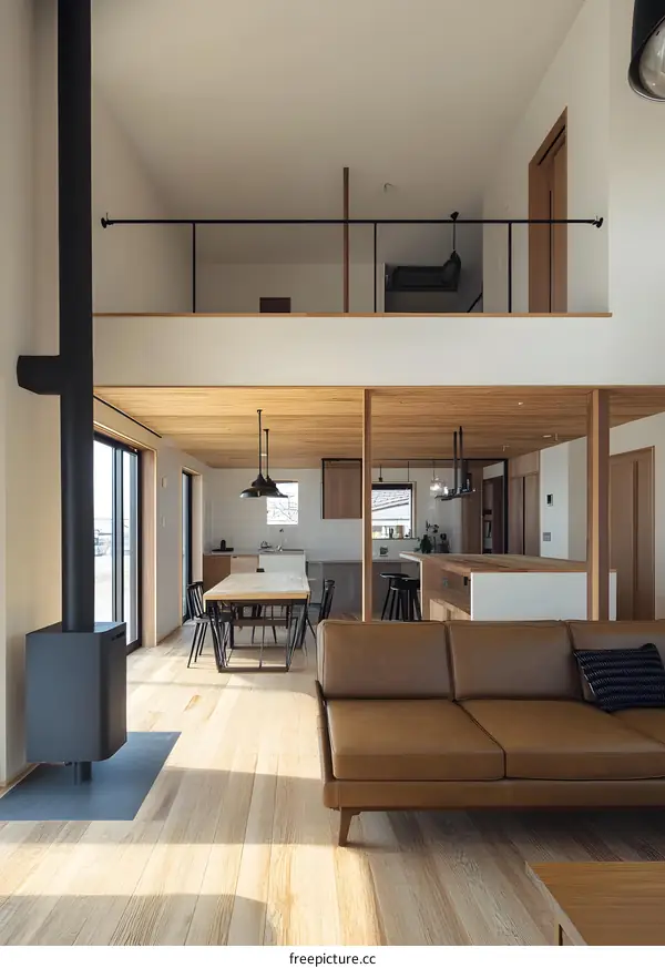 Modern Open Plan Living Room With Loft And Fireplace