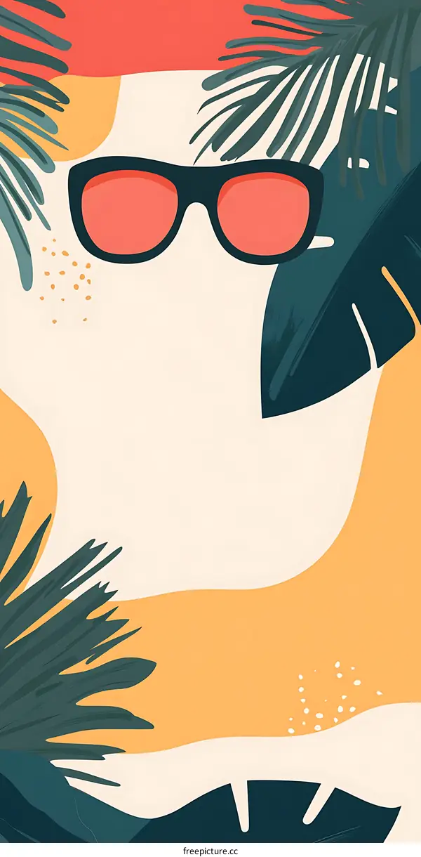 Summer Vacation Tropical Leaves and Sunglasses Minimalist Illustration