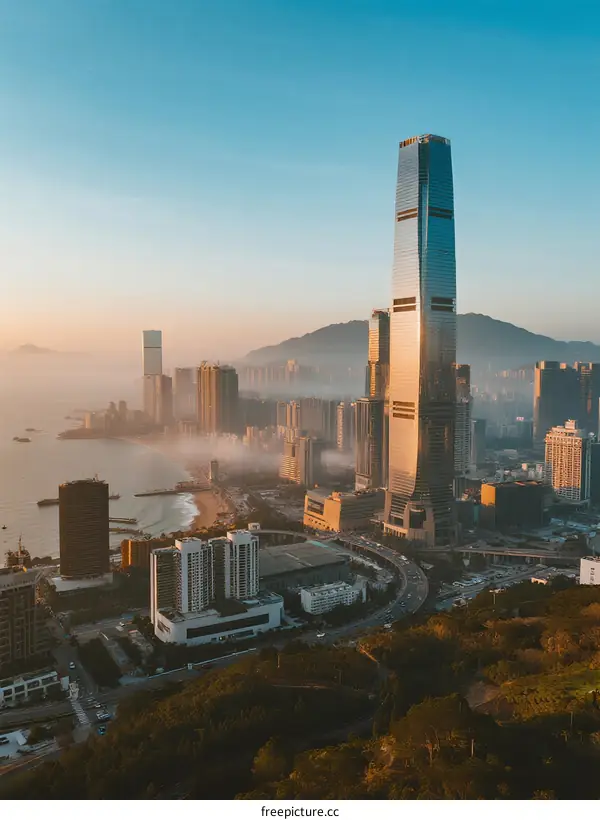 A towering skyscraper standing above the city at sunrise