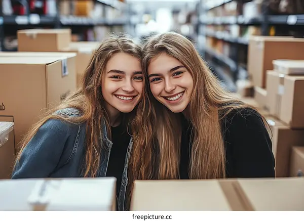 Two Caucasian Women Smiling in a Warehouse