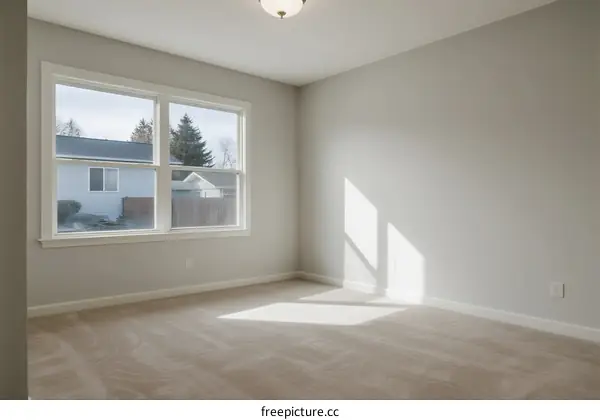 Empty room with large window and light-colored carpet