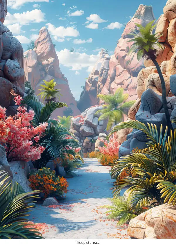 Fantasy Landscape with a Stone Path Leading Through a Canyon