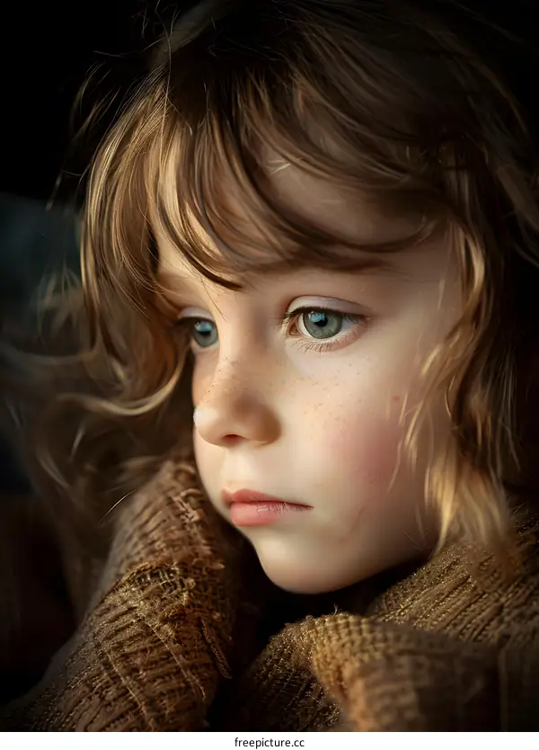 Little girl with freckles and green eyes wrapped in a brown blanket