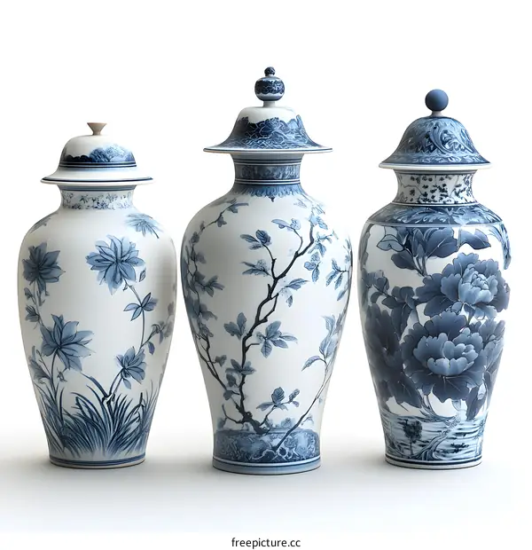 Three Blue and White Porcelain Vases with Floral Designs