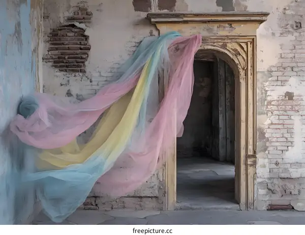 Colorful Fabric Hanging In Old Doorway