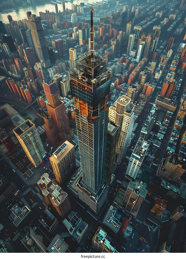 A birds eye view of Manhattan, New York City, with One World Trade Center under construction in the center.