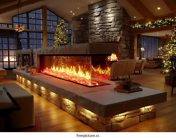 Modern Fireplace in a Cozy Living Room at Night