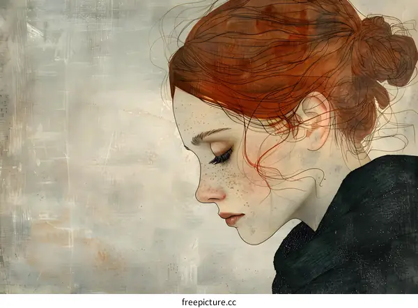 An illustration of a young woman with red hair and freckles