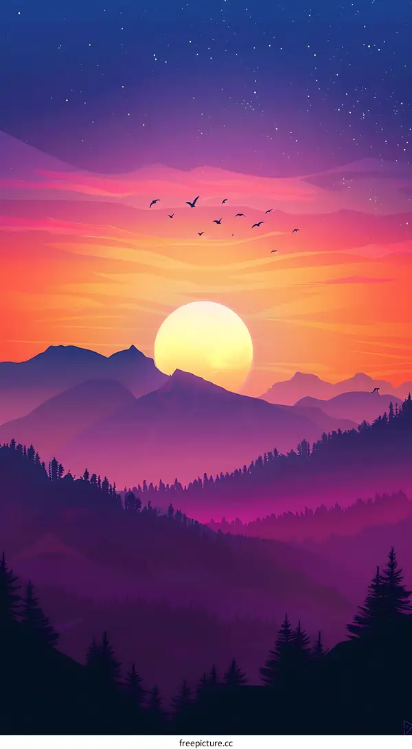 Purple Sunset Over Mountain Landscape