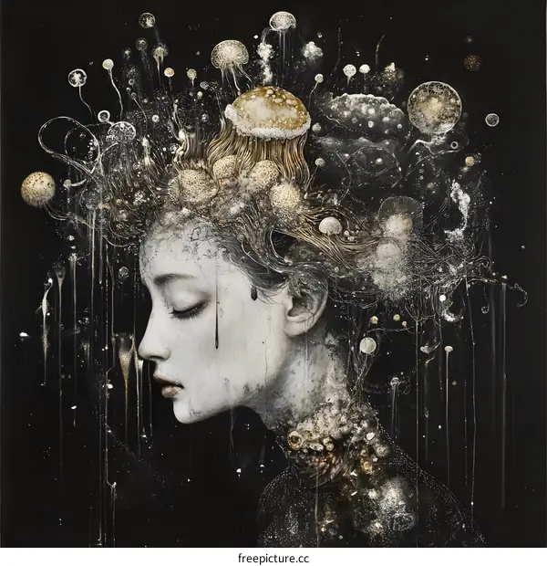 Mystical Portrait with Golden Mushroom Crown and Dripping Paint