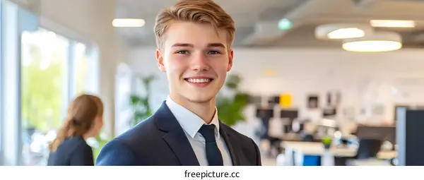 Smiling Young Man in Suit in Office