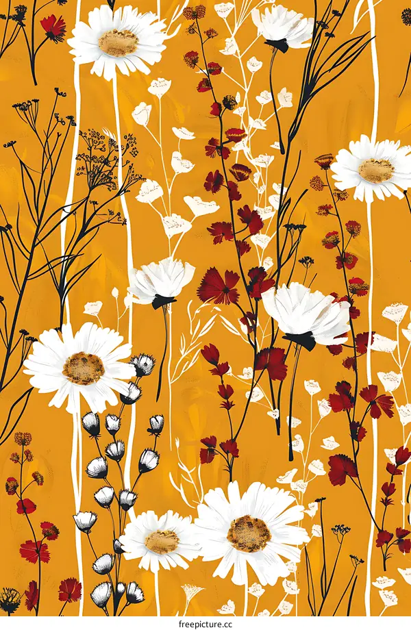 Yellow Background With White And Red Flowers