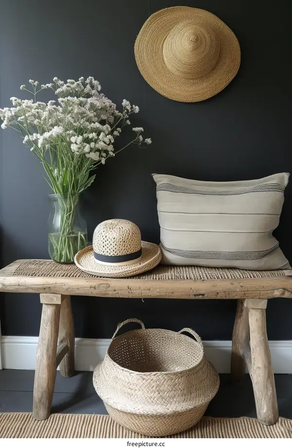 A beautiful still life of a rustic bench with a vase of flowers, a straw hat, and a woven basket.
