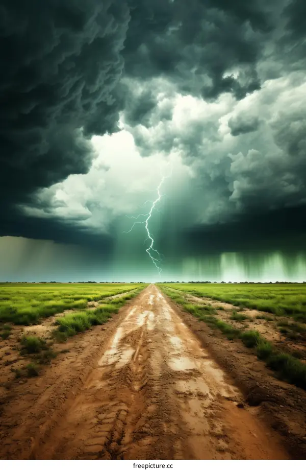 A dirt road through a grassy plain during a thunderstorm