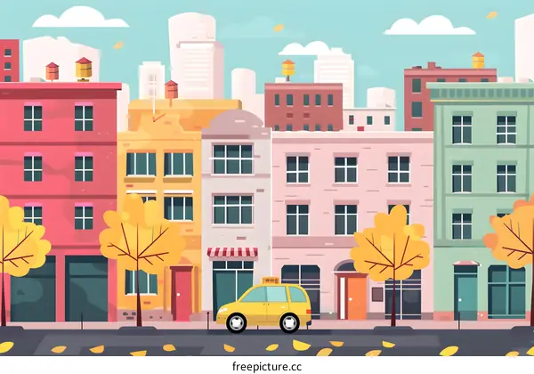 Autumn Cityscape Illustration With Yellow Car