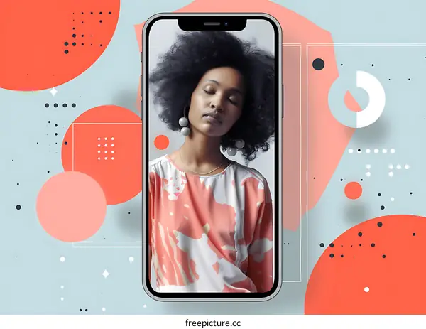 African Woman In Phone Screen With Geometric Shapes