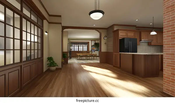 Modern Kitchen Design with Wood Cabinets and a Brick Wall