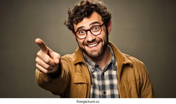 A man with glasses and a beard is pointing at the camera