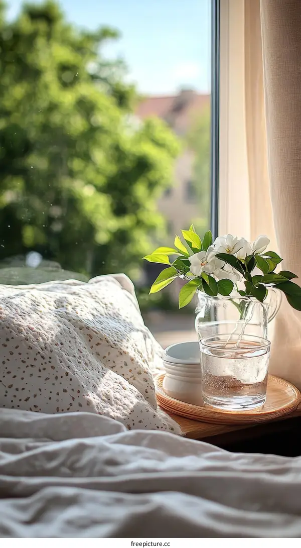 Peaceful Window Seat with Flowers and Bedding