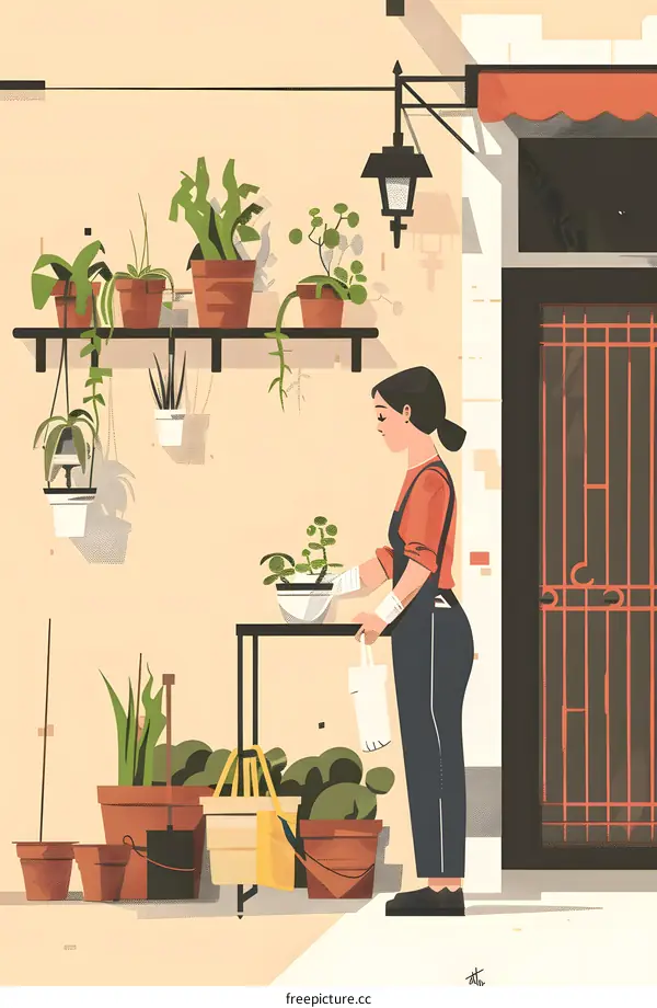 Woman Holding a Plant in Front of a Store