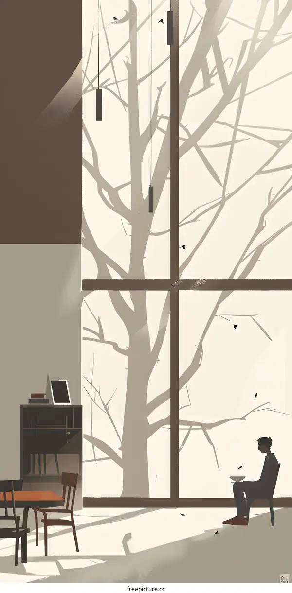 Minimalist Illustration of Man Sitting by Window with Tree Silhouette