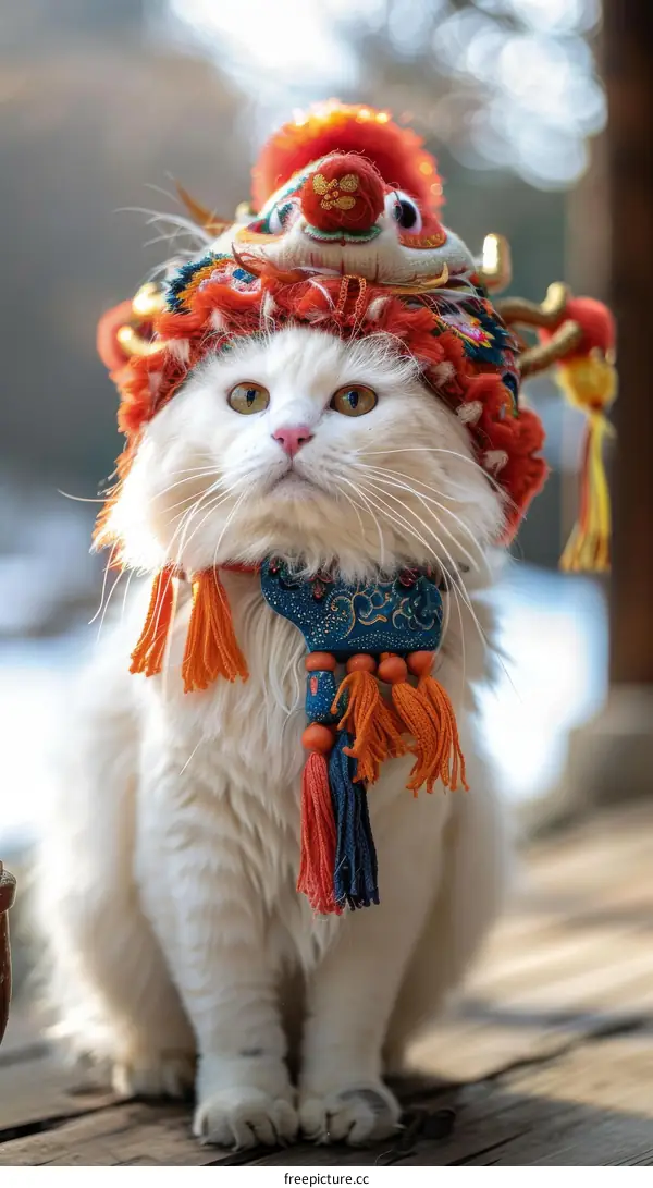 A White Cat Wearing a Traditional Chinese Lion Dance Costume