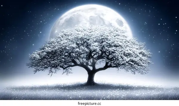 Full Moon Night Landscape with a Tree