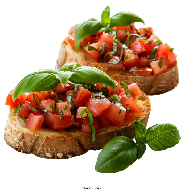 [Transparent Background PNG]Two slices of bruschetta with tomatoes and basil on a white background