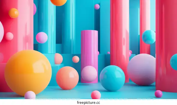 Pink and blue pastel color 3D rendering of geometric shapes and spheres