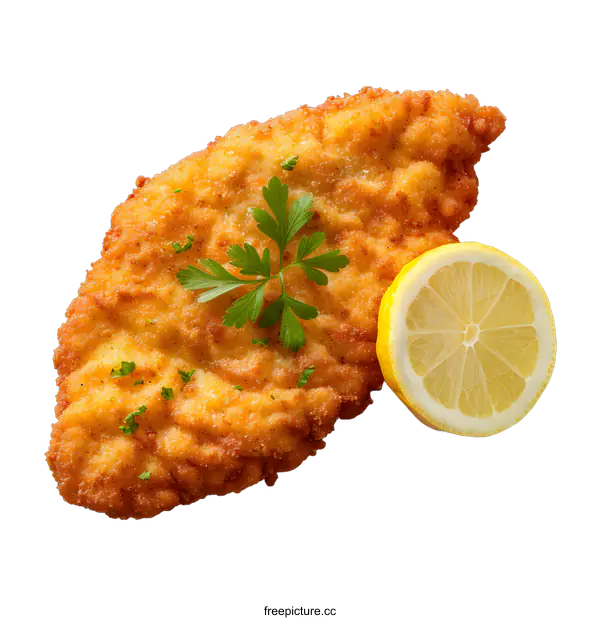 [Transparent Background PNG]Crispy Fried Chicken Schnitzel with Lemon