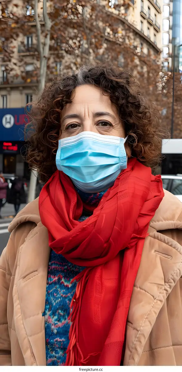 Woman Wearing a Face Mask and Red Scarf in Paris