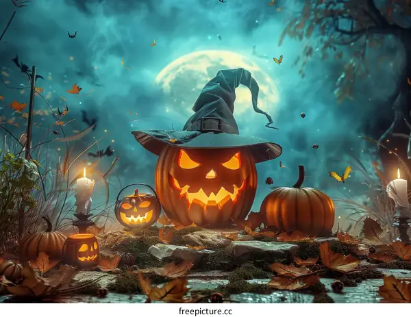 Halloween Night with Jack o'Lantern in Spooky Woods