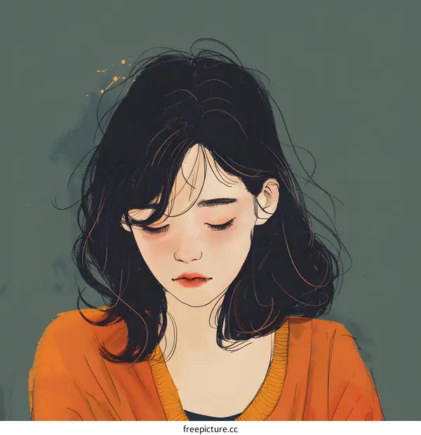 Illustration of a girl with black hair and orange shirt