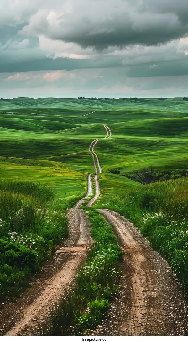 Scenic view of a rural road through a lush green field