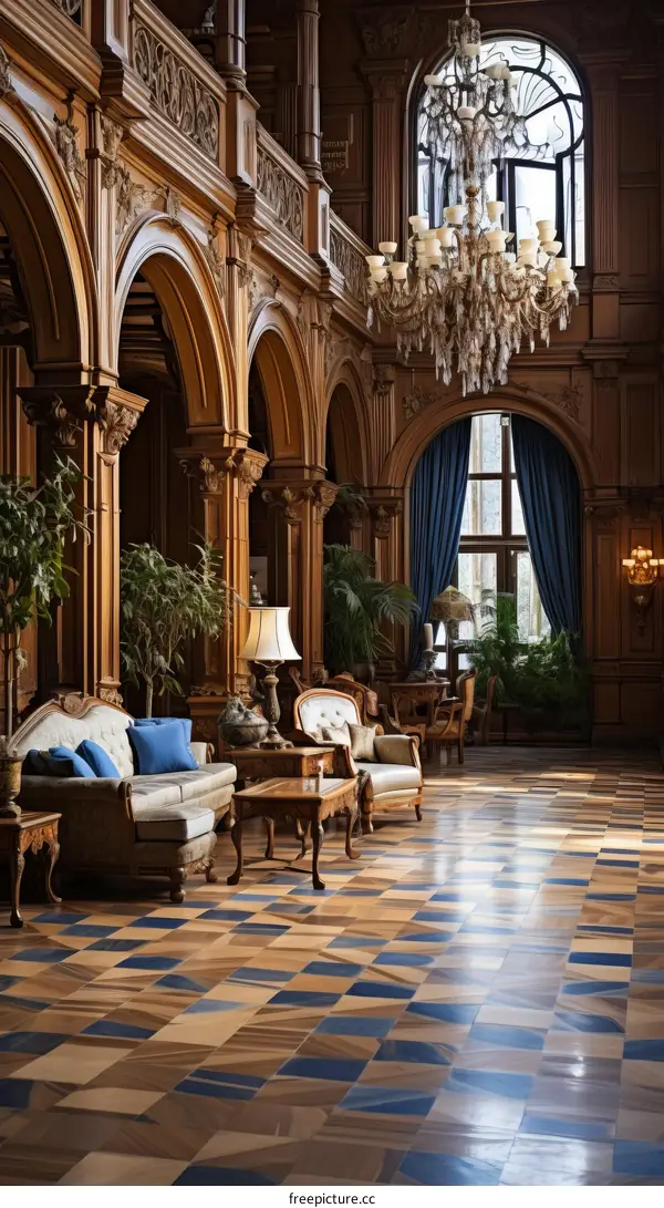 ornate interior of a mansion with blue and brown furniture
