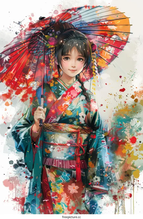 An Asian girl in a kimono holding a red umbrella