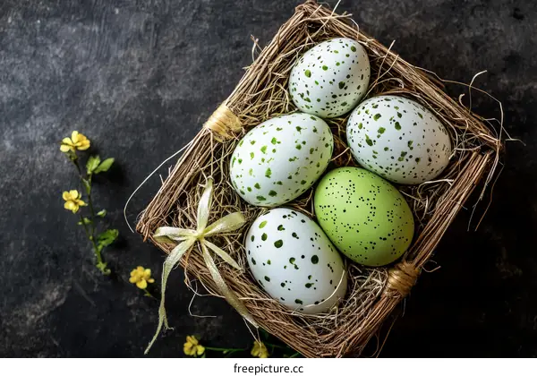 Easter Eggs in a Basket with Flowers