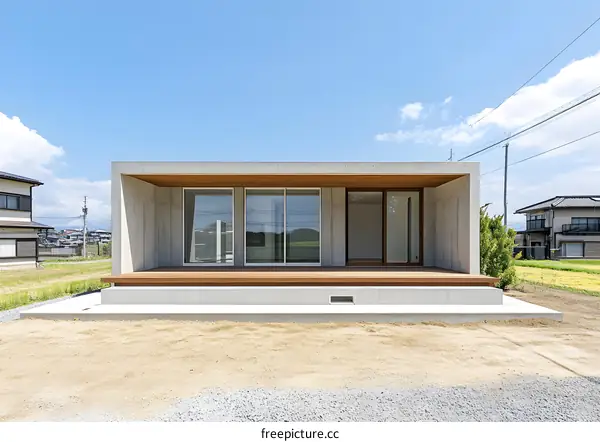 Modern Concrete House with Wooden Deck and Large Windows