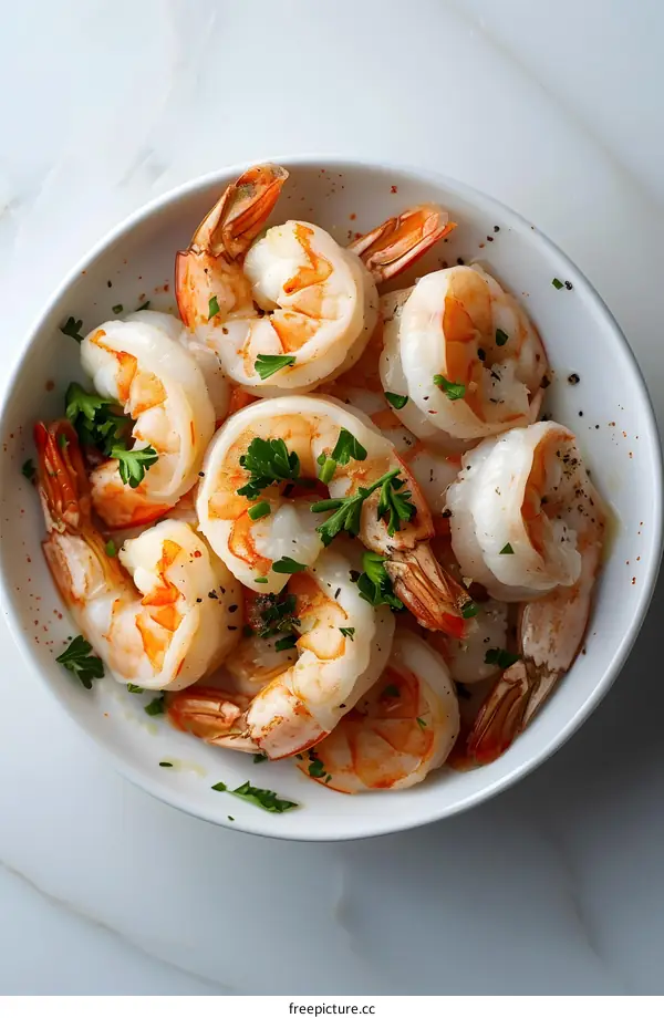 overhead view of a bowl of cooked shrimp