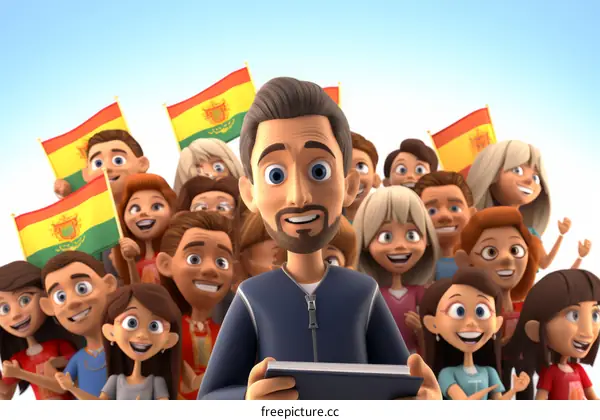 A group of people of different ethnicities are standing together, holding flags of different countries.