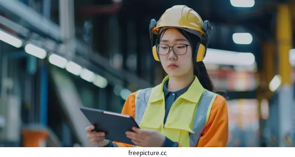 Asian Female Engineer in Industrial Factory Using Tablet PC