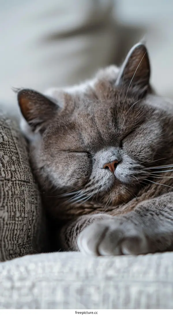 A gray shorthair cat is sleeping on a couch
